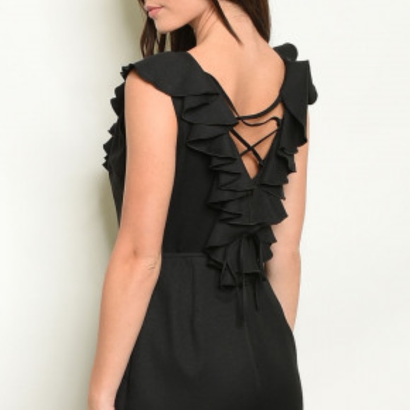 BLACK RUFFLE V NECK JUMPSUIT - Picture 3 of 4
